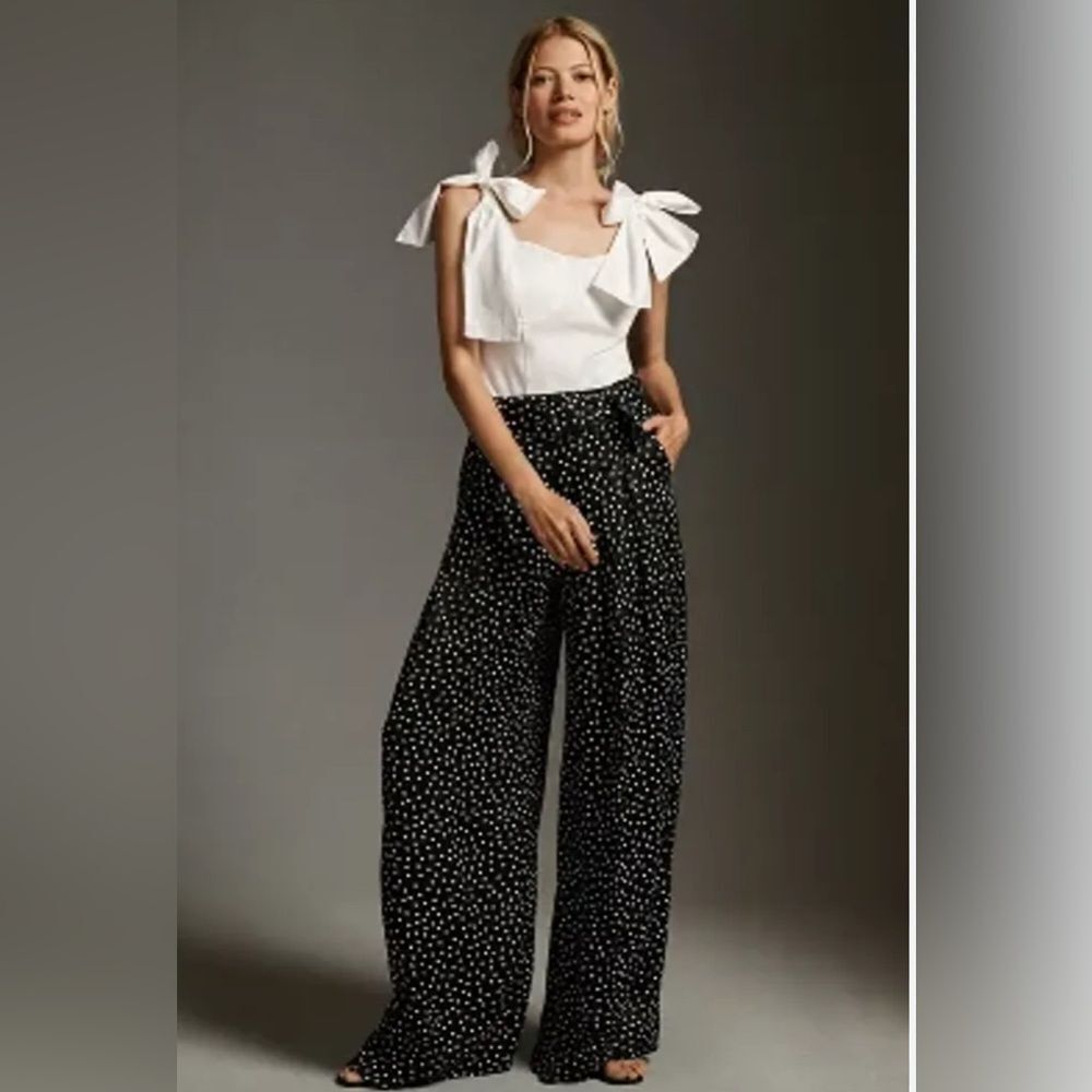 Anthropologie Black & White Polka Dot Wide-Leg Pants